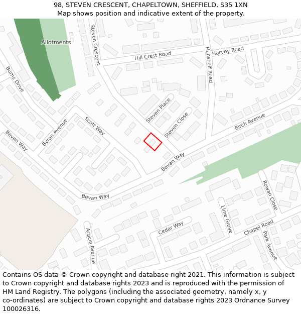 98, STEVEN CRESCENT, CHAPELTOWN, SHEFFIELD, S35 1XN: Location map and indicative extent of plot