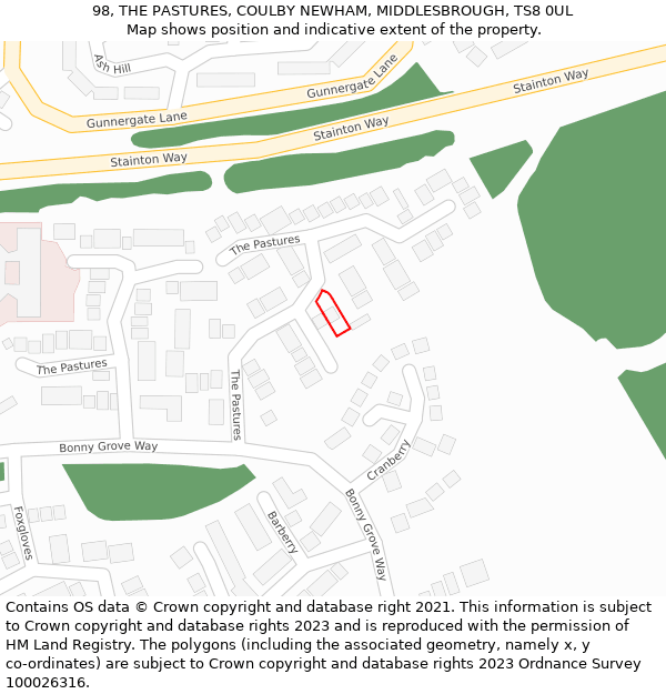 98, THE PASTURES, COULBY NEWHAM, MIDDLESBROUGH, TS8 0UL: Location map and indicative extent of plot
