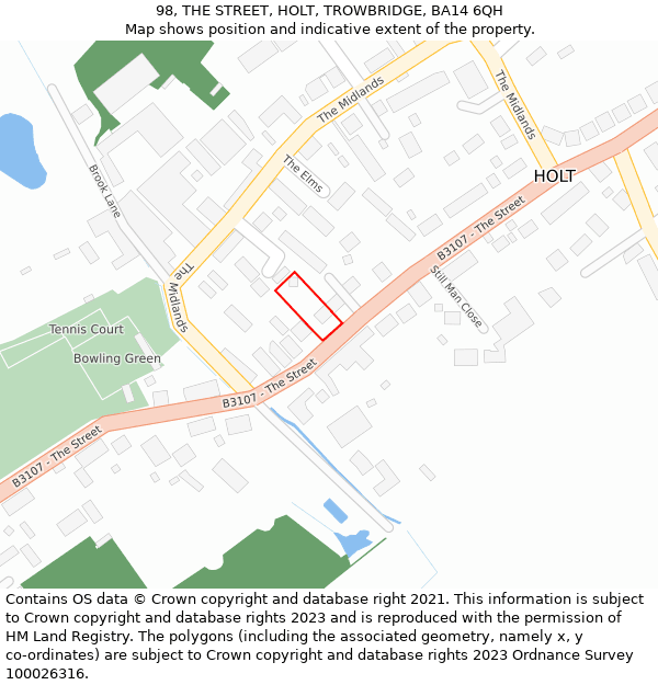 98, THE STREET, HOLT, TROWBRIDGE, BA14 6QH: Location map and indicative extent of plot