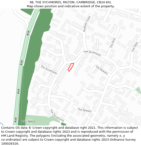 98, THE SYCAMORES, MILTON, CAMBRIDGE, CB24 6XL: Location map and indicative extent of plot