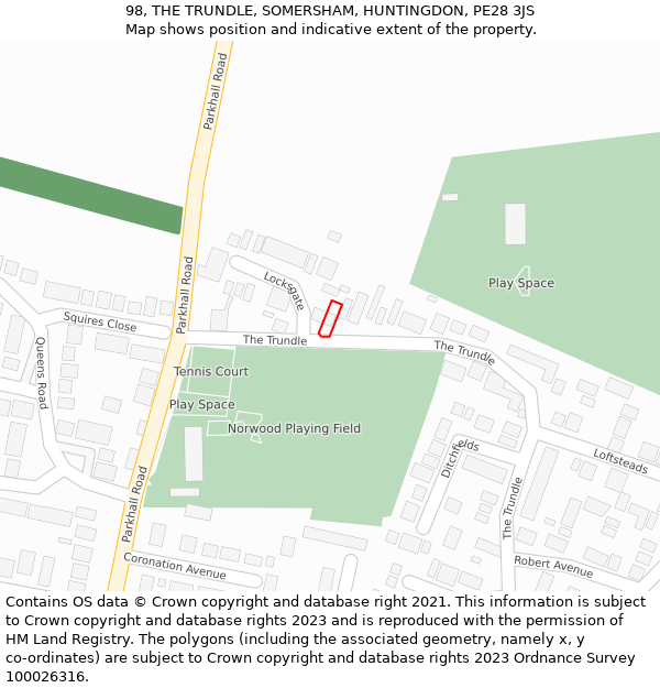 98, THE TRUNDLE, SOMERSHAM, HUNTINGDON, PE28 3JS: Location map and indicative extent of plot