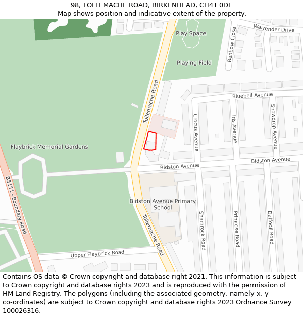 98, TOLLEMACHE ROAD, BIRKENHEAD, CH41 0DL: Location map and indicative extent of plot