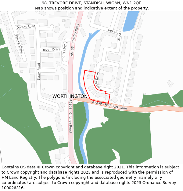 98, TREVORE DRIVE, STANDISH, WIGAN, WN1 2QE: Location map and indicative extent of plot