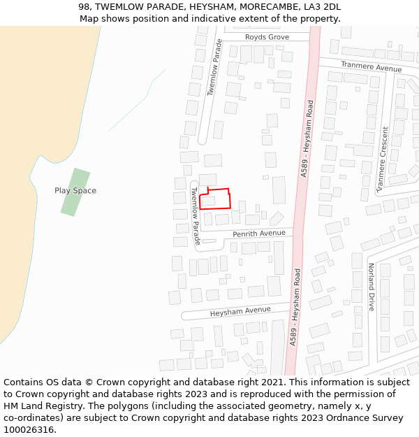 98, TWEMLOW PARADE, HEYSHAM, MORECAMBE, LA3 2DL: Location map and indicative extent of plot