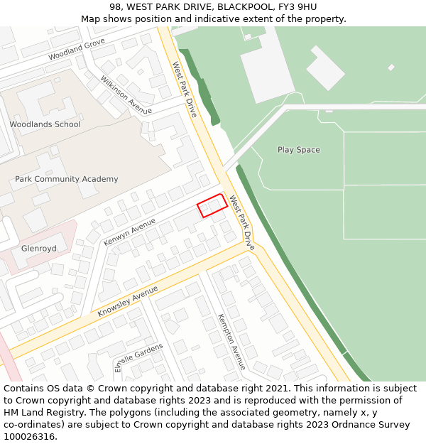98, WEST PARK DRIVE, BLACKPOOL, FY3 9HU: Location map and indicative extent of plot