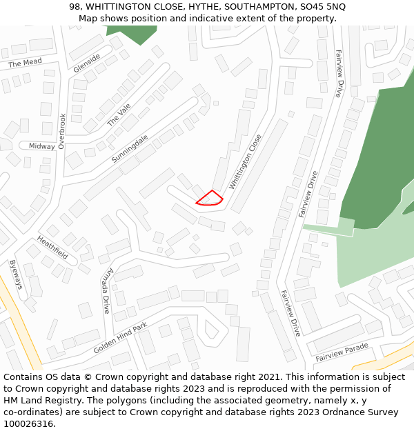 98, WHITTINGTON CLOSE, HYTHE, SOUTHAMPTON, SO45 5NQ: Location map and indicative extent of plot