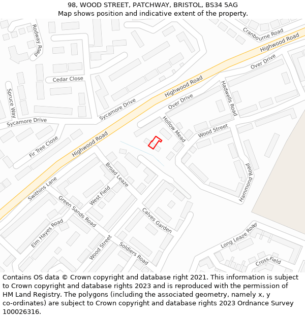 98, WOOD STREET, PATCHWAY, BRISTOL, BS34 5AG: Location map and indicative extent of plot
