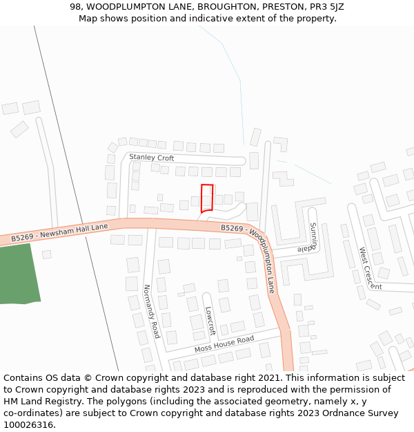 98, WOODPLUMPTON LANE, BROUGHTON, PRESTON, PR3 5JZ: Location map and indicative extent of plot