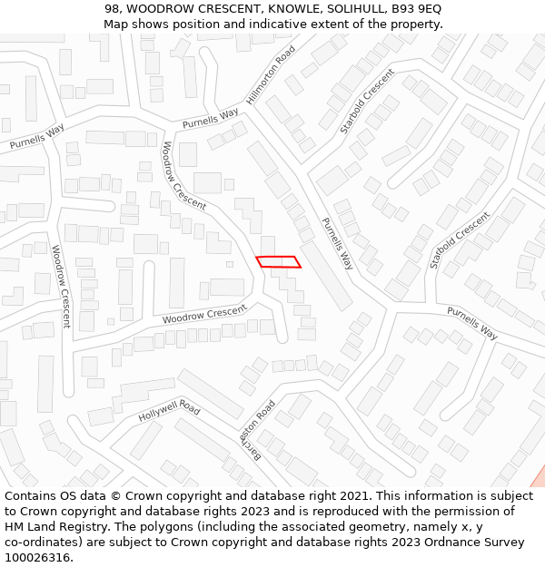 98, WOODROW CRESCENT, KNOWLE, SOLIHULL, B93 9EQ: Location map and indicative extent of plot