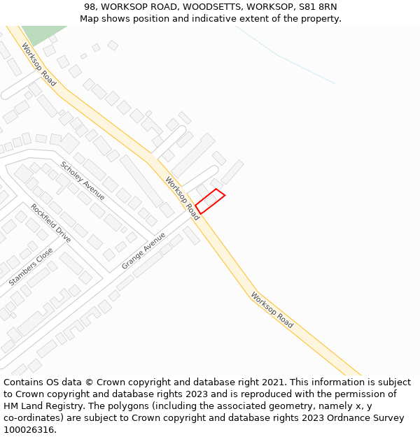 98, WORKSOP ROAD, WOODSETTS, WORKSOP, S81 8RN: Location map and indicative extent of plot