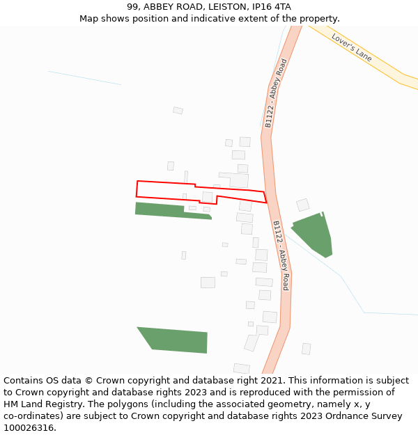99, ABBEY ROAD, LEISTON, IP16 4TA: Location map and indicative extent of plot
