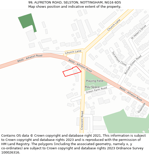 99, ALFRETON ROAD, SELSTON, NOTTINGHAM, NG16 6DS: Location map and indicative extent of plot