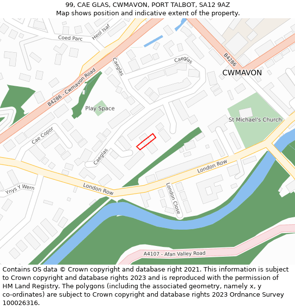 99, CAE GLAS, CWMAVON, PORT TALBOT, SA12 9AZ: Location map and indicative extent of plot