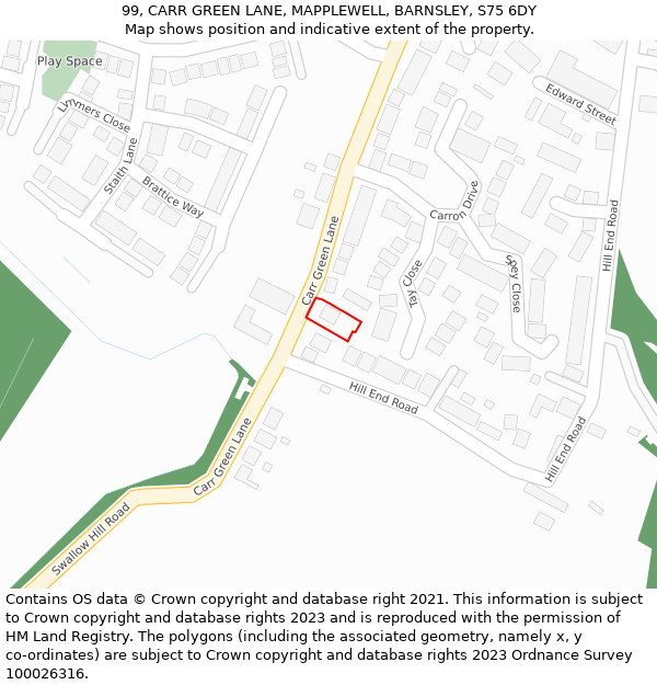 99, CARR GREEN LANE, MAPPLEWELL, BARNSLEY, S75 6DY: Location map and indicative extent of plot