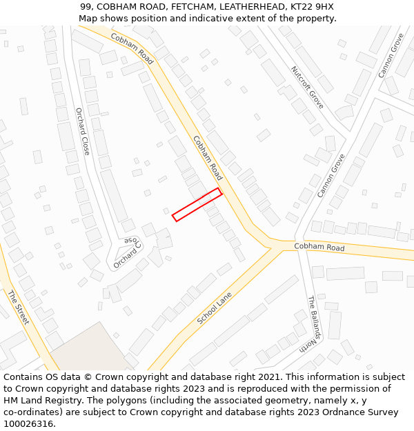 99, COBHAM ROAD, FETCHAM, LEATHERHEAD, KT22 9HX: Location map and indicative extent of plot