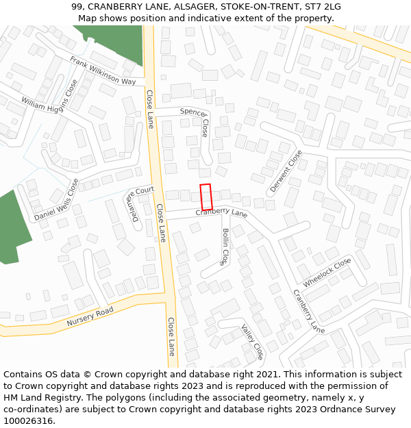 99, CRANBERRY LANE, ALSAGER, STOKE-ON-TRENT, ST7 2LG: Location map and indicative extent of plot