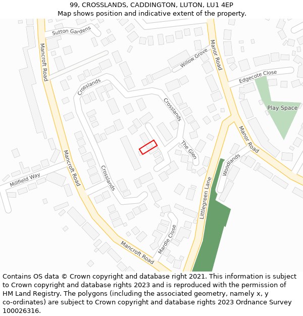 99, CROSSLANDS, CADDINGTON, LUTON, LU1 4EP: Location map and indicative extent of plot