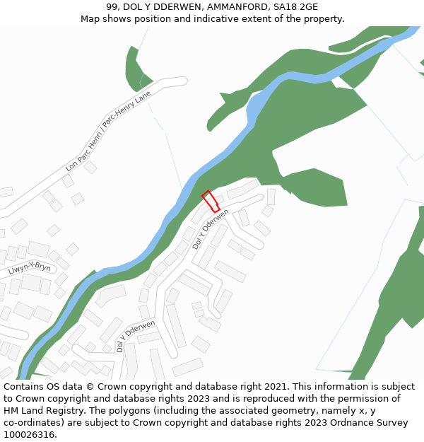 99, DOL Y DDERWEN, AMMANFORD, SA18 2GE: Location map and indicative extent of plot