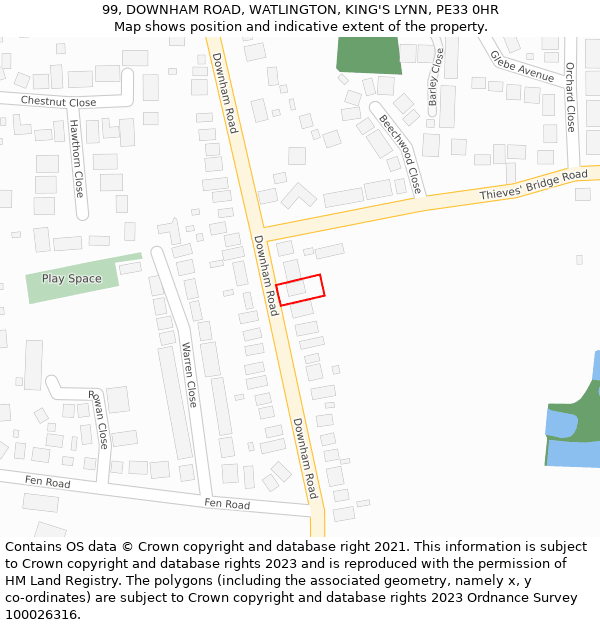 99, DOWNHAM ROAD, WATLINGTON, KING'S LYNN, PE33 0HR: Location map and indicative extent of plot