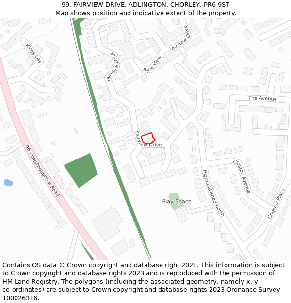 99, FAIRVIEW DRIVE, ADLINGTON, CHORLEY, PR6 9ST: Location map and indicative extent of plot