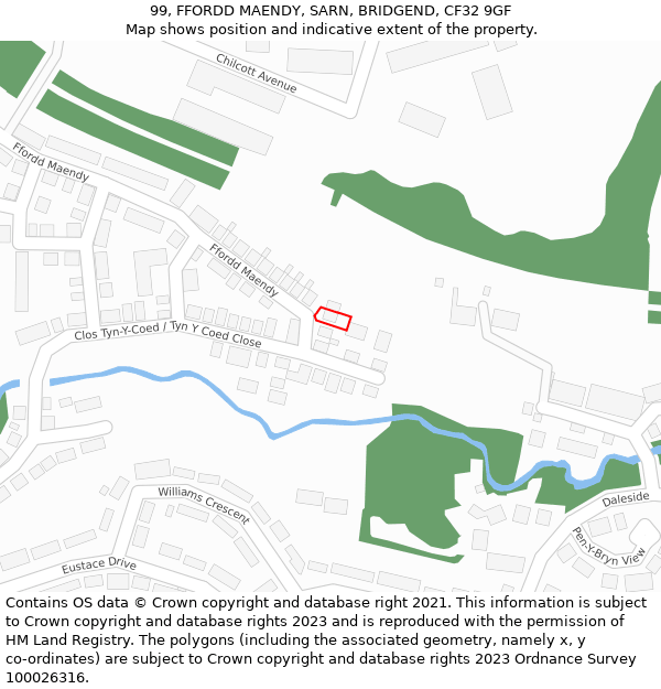 99, FFORDD MAENDY, SARN, BRIDGEND, CF32 9GF: Location map and indicative extent of plot