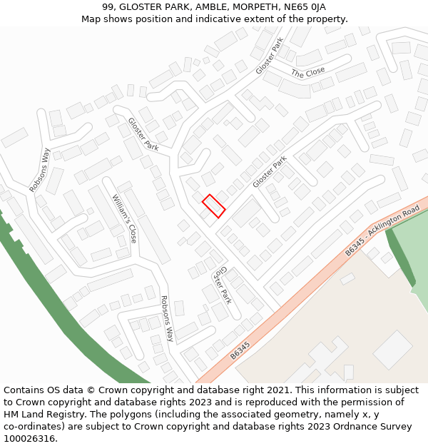 99, GLOSTER PARK, AMBLE, MORPETH, NE65 0JA: Location map and indicative extent of plot