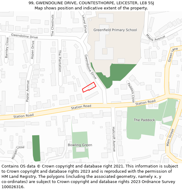 99, GWENDOLINE DRIVE, COUNTESTHORPE, LEICESTER, LE8 5SJ: Location map and indicative extent of plot