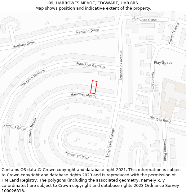 99, HARROWES MEADE, EDGWARE, HA8 8RS: Location map and indicative extent of plot