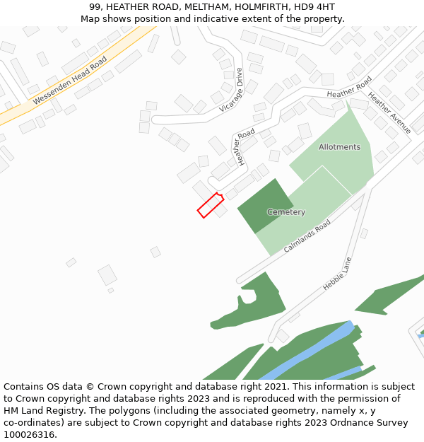 99, HEATHER ROAD, MELTHAM, HOLMFIRTH, HD9 4HT: Location map and indicative extent of plot