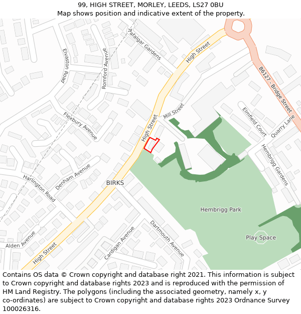 99, HIGH STREET, MORLEY, LEEDS, LS27 0BU: Location map and indicative extent of plot