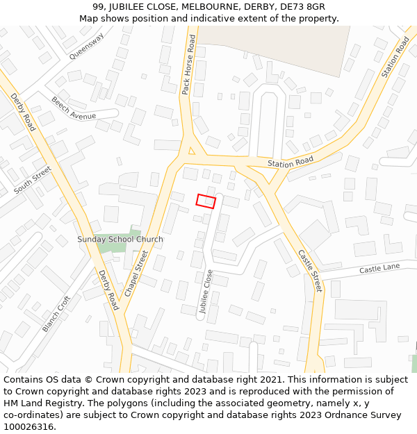 99, JUBILEE CLOSE, MELBOURNE, DERBY, DE73 8GR: Location map and indicative extent of plot