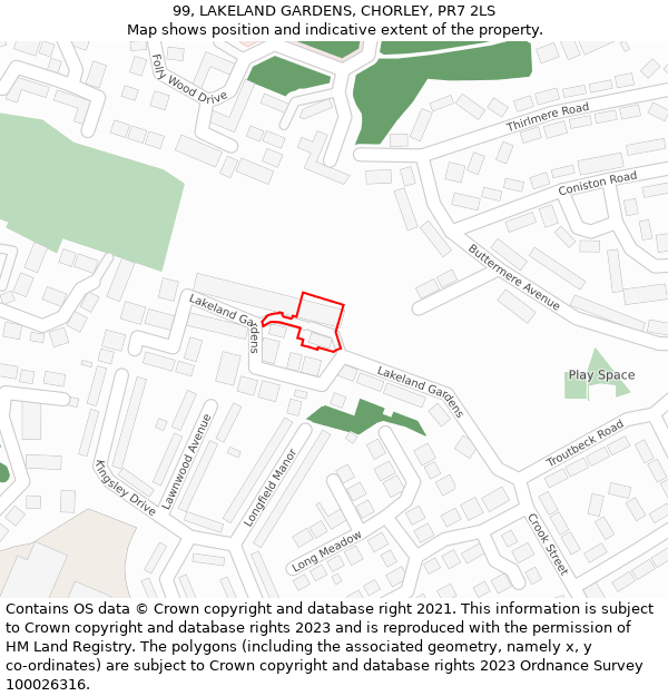 99, LAKELAND GARDENS, CHORLEY, PR7 2LS: Location map and indicative extent of plot