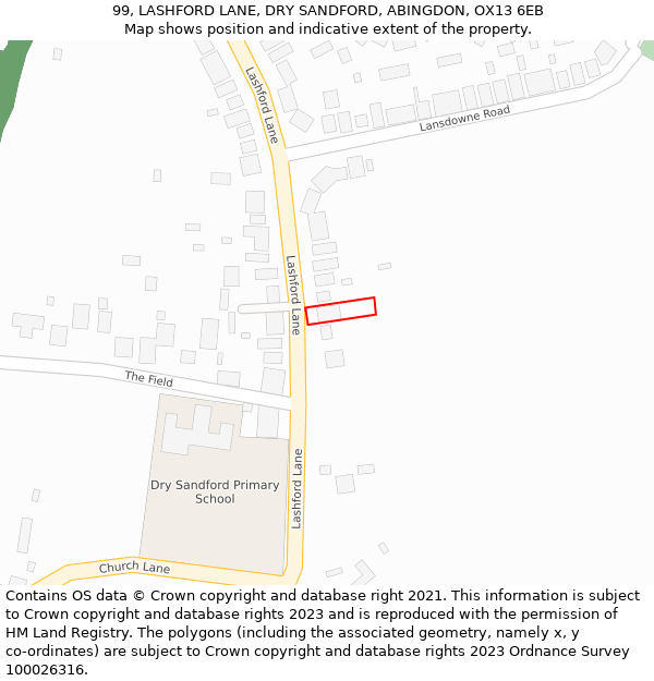 99, LASHFORD LANE, DRY SANDFORD, ABINGDON, OX13 6EB: Location map and indicative extent of plot