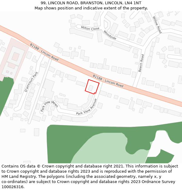 99, LINCOLN ROAD, BRANSTON, LINCOLN, LN4 1NT: Location map and indicative extent of plot