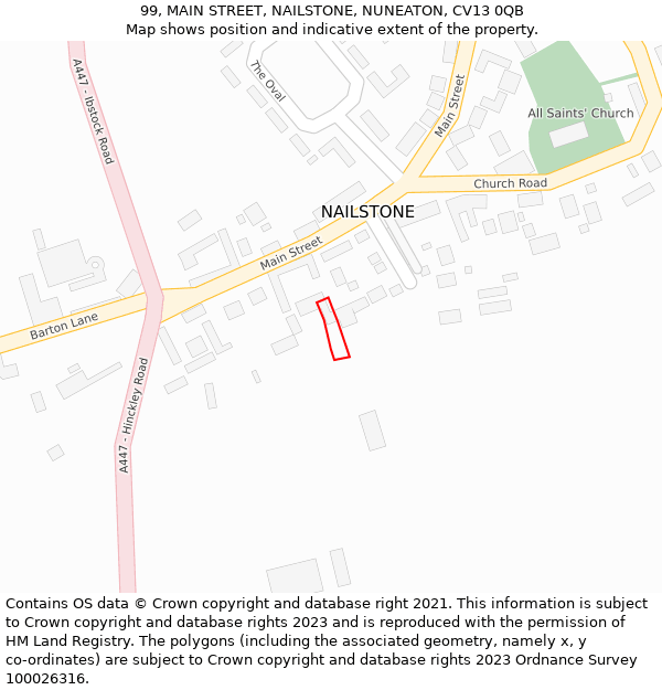 99, MAIN STREET, NAILSTONE, NUNEATON, CV13 0QB: Location map and indicative extent of plot