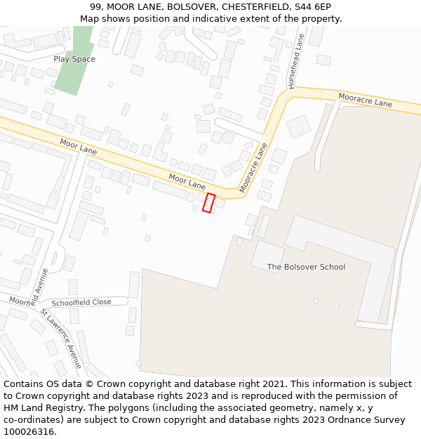 99, MOOR LANE, BOLSOVER, CHESTERFIELD, S44 6EP: Location map and indicative extent of plot