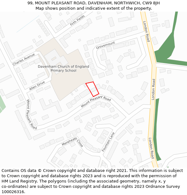 99, MOUNT PLEASANT ROAD, DAVENHAM, NORTHWICH, CW9 8JH: Location map and indicative extent of plot