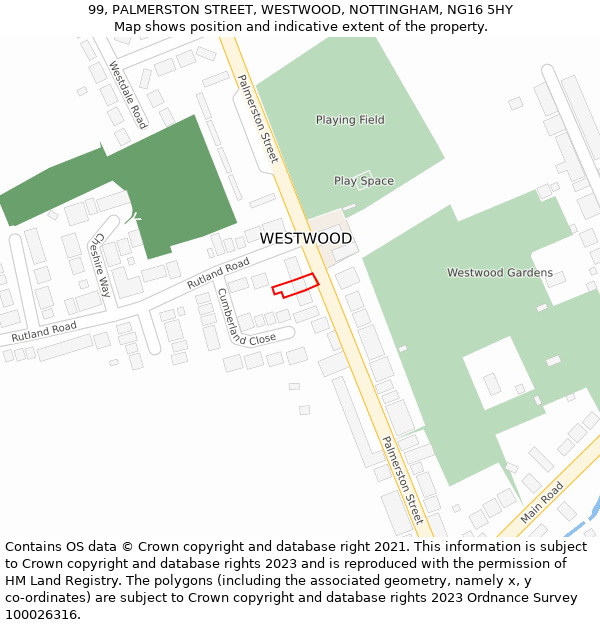 99, PALMERSTON STREET, WESTWOOD, NOTTINGHAM, NG16 5HY: Location map and indicative extent of plot