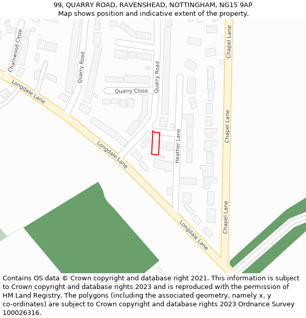 99, QUARRY ROAD, RAVENSHEAD, NOTTINGHAM, NG15 9AP: Location map and indicative extent of plot