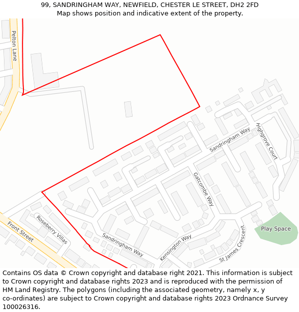 99, SANDRINGHAM WAY, NEWFIELD, CHESTER LE STREET, DH2 2FD: Location map and indicative extent of plot