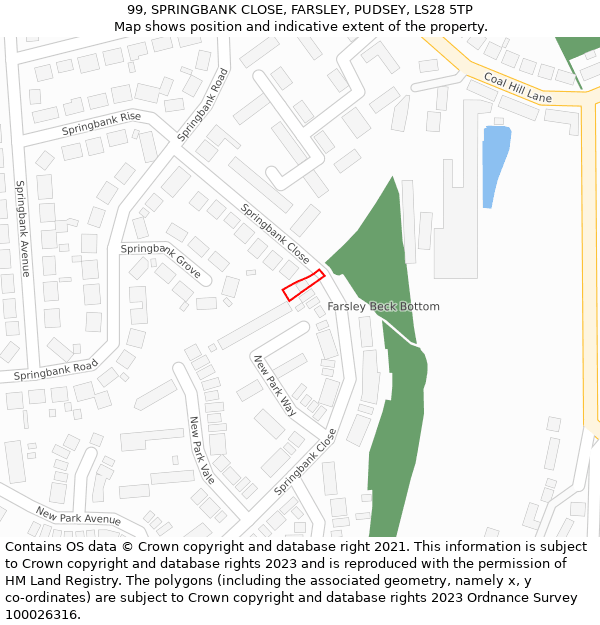 99, SPRINGBANK CLOSE, FARSLEY, PUDSEY, LS28 5TP: Location map and indicative extent of plot