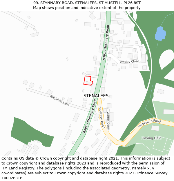 99, STANNARY ROAD, STENALEES, ST AUSTELL, PL26 8ST: Location map and indicative extent of plot