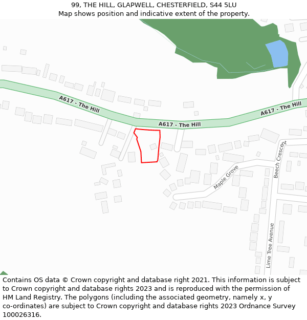 99, THE HILL, GLAPWELL, CHESTERFIELD, S44 5LU: Location map and indicative extent of plot