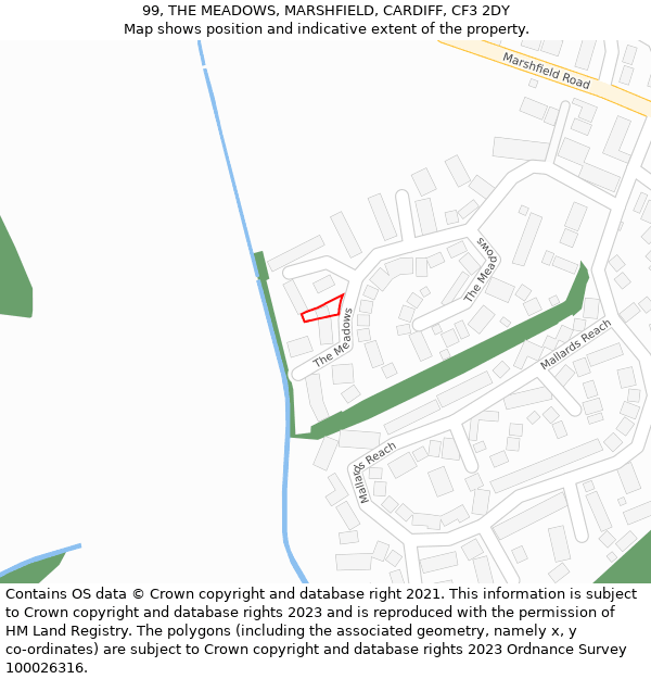 99, THE MEADOWS, MARSHFIELD, CARDIFF, CF3 2DY: Location map and indicative extent of plot