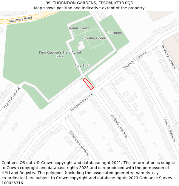 99, THORNDON GARDENS, EPSOM, KT19 0QD: Location map and indicative extent of plot