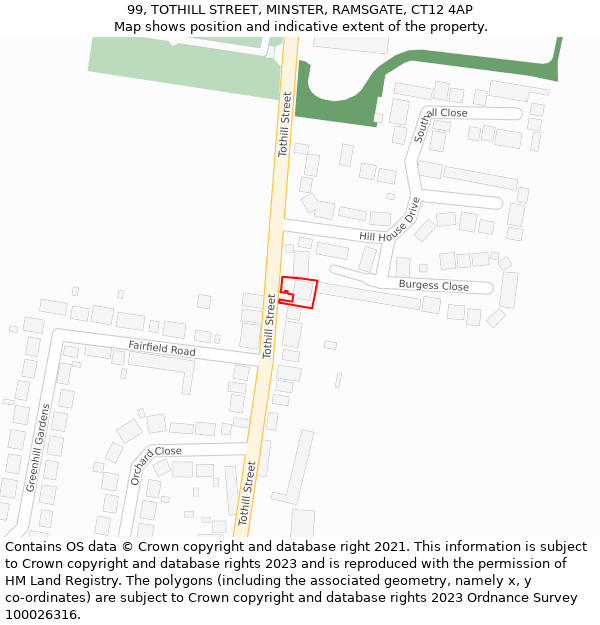 99, TOTHILL STREET, MINSTER, RAMSGATE, CT12 4AP: Location map and indicative extent of plot