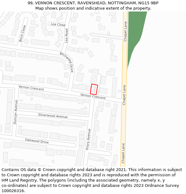 99, VERNON CRESCENT, RAVENSHEAD, NOTTINGHAM, NG15 9BP: Location map and indicative extent of plot