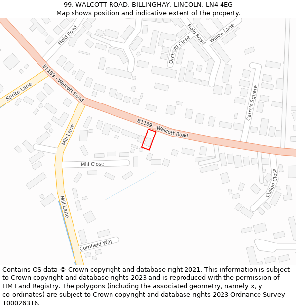 99, WALCOTT ROAD, BILLINGHAY, LINCOLN, LN4 4EG: Location map and indicative extent of plot