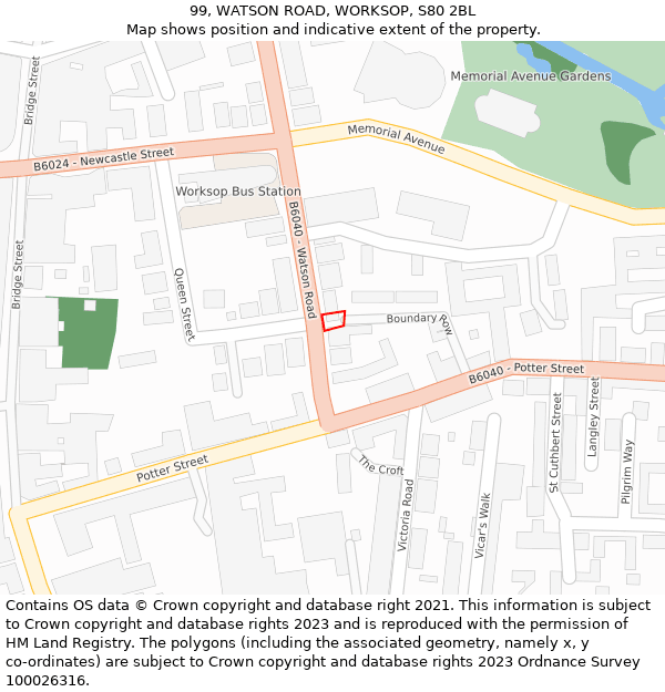 99, WATSON ROAD, WORKSOP, S80 2BL: Location map and indicative extent of plot