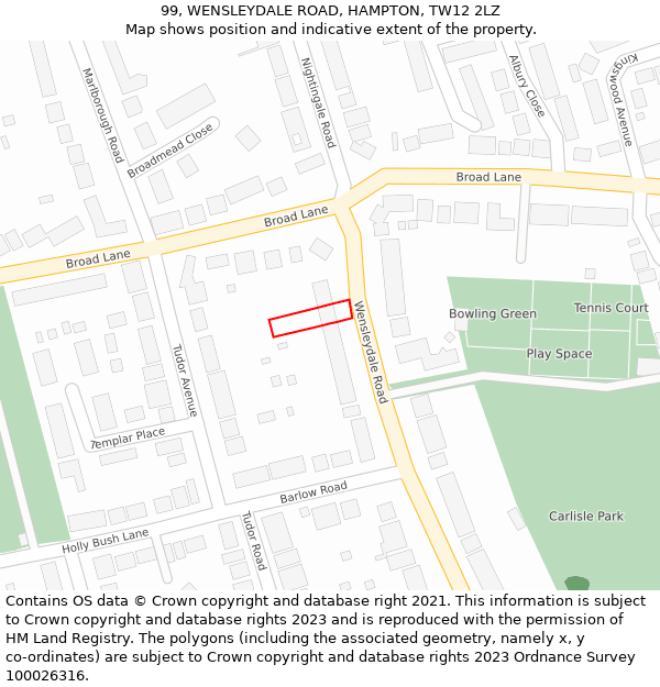 99, WENSLEYDALE ROAD, HAMPTON, TW12 2LZ: Location map and indicative extent of plot